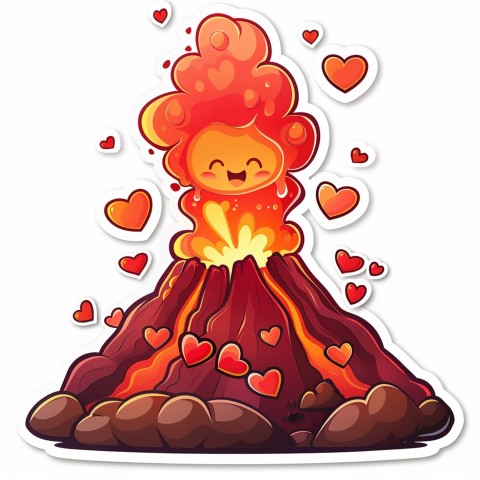 Cute Kawaii Stickers Volcano Erupting Tiny Hearts on White Background (143)