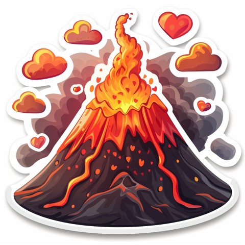 Cute Kawaii Stickers Volcano Erupting Tiny Hearts on White Background (155)