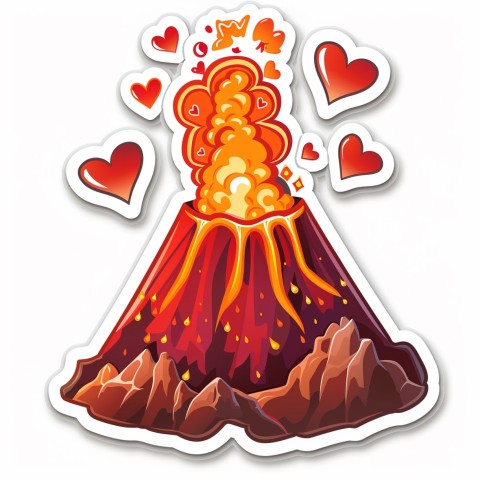 Cute Kawaii Stickers Volcano Erupting Tiny Hearts on White Background (142)