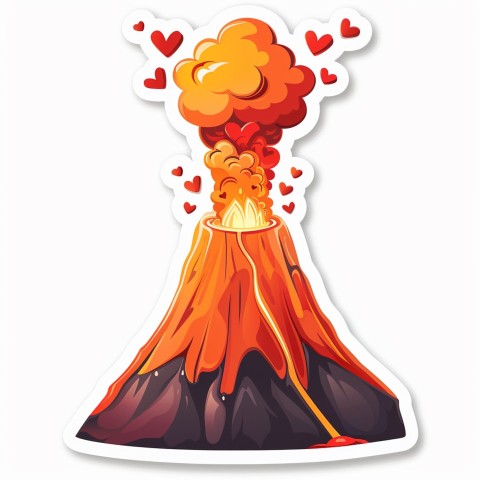 Cute Kawaii Stickers Volcano Erupting Tiny Hearts on White Background (169)