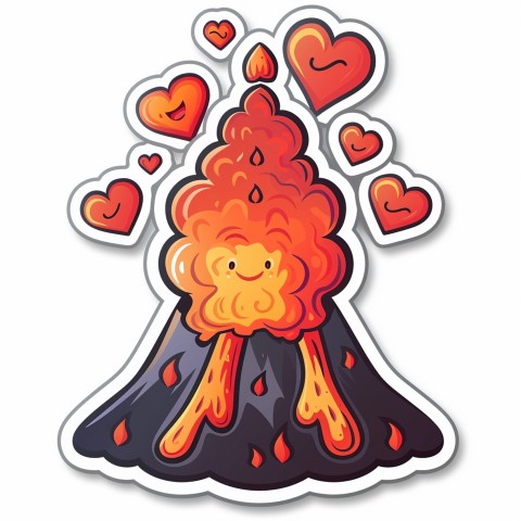 Cute Kawaii Stickers Volcano Erupting Tiny Hearts on White Background (179)