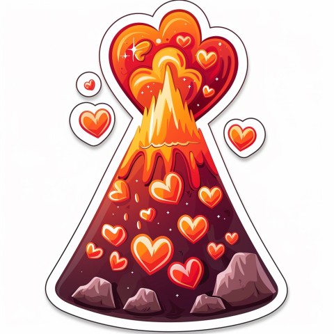 Cute Kawaii Stickers Volcano Erupting Tiny Hearts on White Background (163)