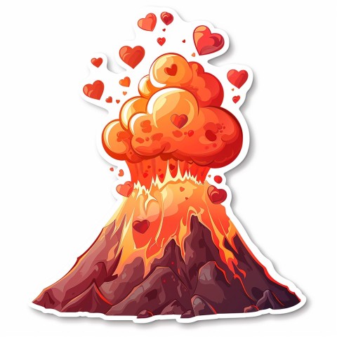 Cute Kawaii Stickers Volcano Erupting Tiny Hearts on White Background (187)