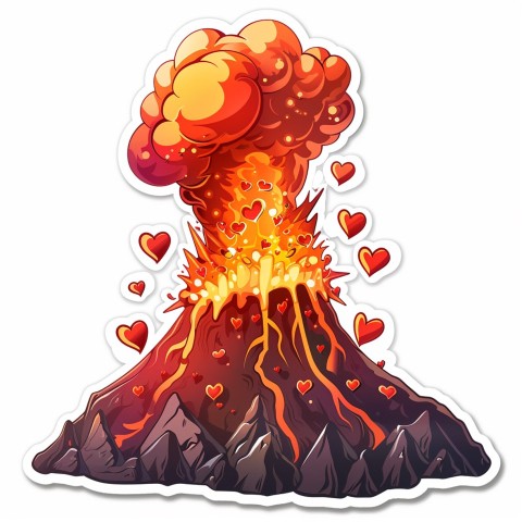 Cute Kawaii Stickers Volcano Erupting Tiny Hearts on White Background (164)