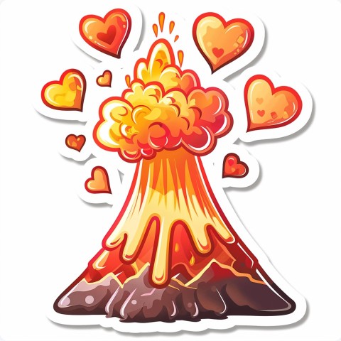 Cute Kawaii Stickers Volcano Erupting Tiny Hearts on White Background (178)