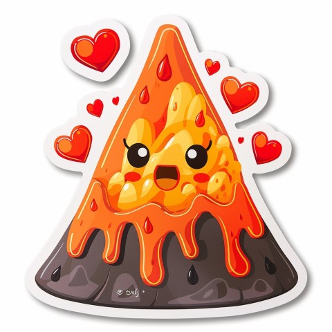 Cute Kawaii Stickers Volcano Erupting Tiny Hearts on White Background (162)