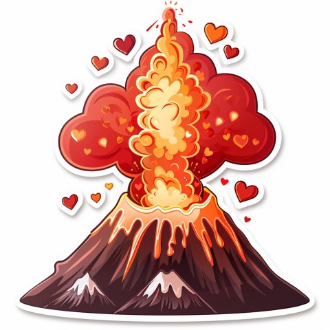 Cute Kawaii Stickers Volcano Erupting Tiny Hearts on White Background (171)