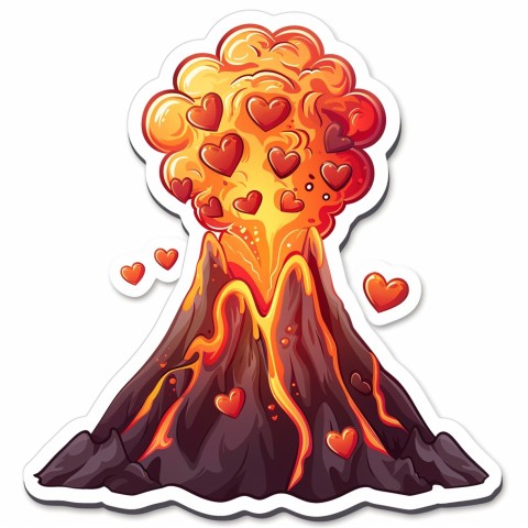 Cute Kawaii Stickers Volcano Erupting Tiny Hearts on White Background (186)