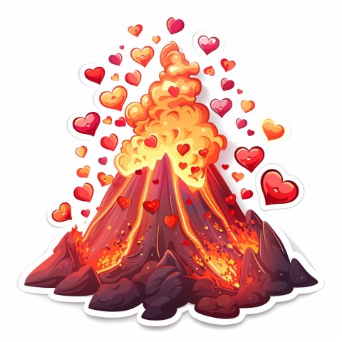 Cute Kawaii Stickers Volcano Erupting Tiny Hearts on White Background (185)