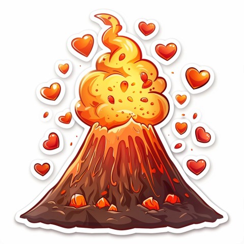 Cute Kawaii Stickers Volcano Erupting Tiny Hearts on White Background (188)