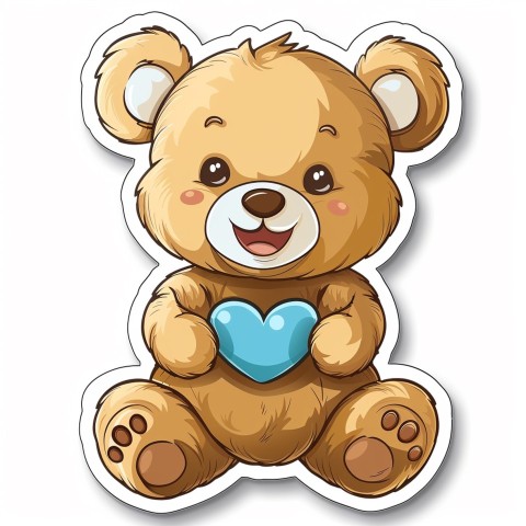 Cute Kawaii Stickers Adorable Teddy Bear Holding Light Blue Heart on White Background (17)