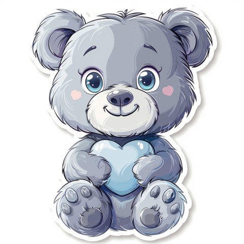 Cute Kawaii Stickers Adorable Teddy Bear Holding Light Blue Heart on White Background (15)