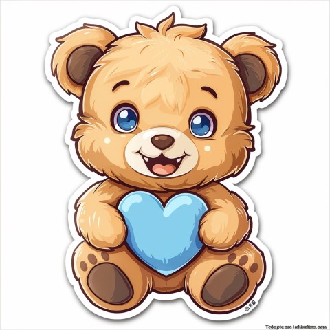 Cute Kawaii Stickers Adorable Teddy Bear Holding Light Blue Heart on White Background (8)