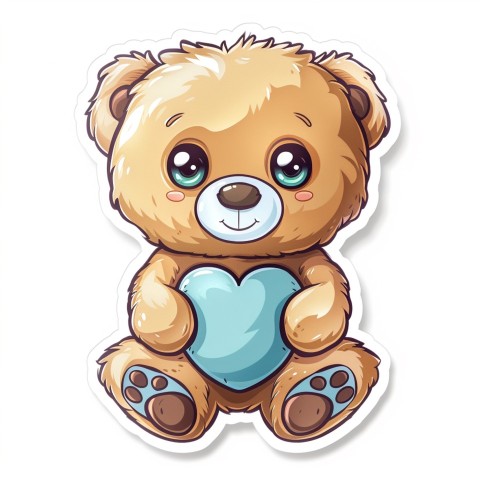 Cute Kawaii Stickers Adorable Teddy Bear Holding Light Blue Heart on White Background (11)