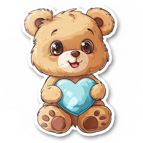 Cute Kawaii Stickers Adorable Teddy Bear Holding Light Blue Heart on White Background (14)