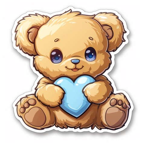 Cute Kawaii Stickers Adorable Teddy Bear Holding Light Blue Heart on White Background (12)