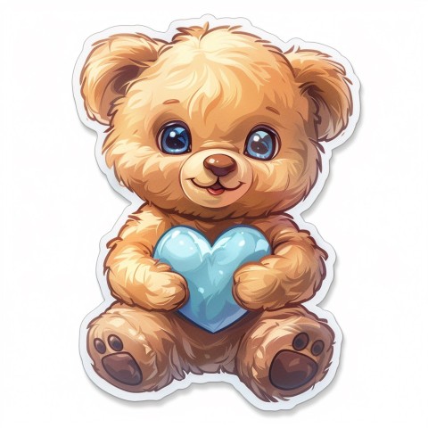 Cute Kawaii Stickers Adorable Teddy Bear Holding Light Blue Heart on White Background (5)