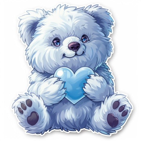 Cute Kawaii Stickers Adorable Teddy Bear Holding Light Blue Heart on White Background (13)