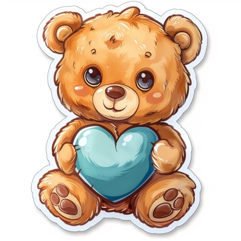 Cute Kawaii Stickers Adorable Teddy Bear Holding Light Blue Heart on White Background (6)