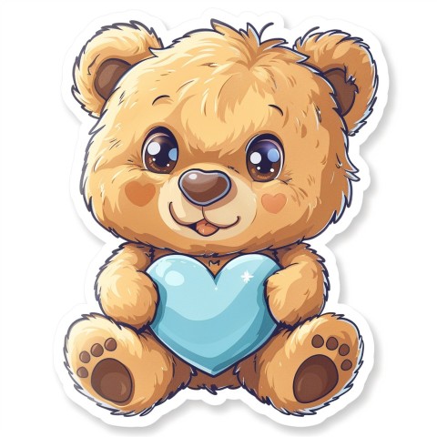 Cute Kawaii Stickers Adorable Teddy Bear Holding Light Blue Heart on White Background (20)