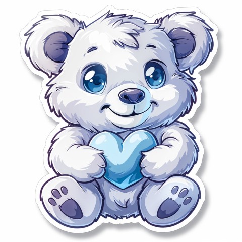 Cute Kawaii Stickers Adorable Teddy Bear Holding Light Blue Heart on White Background (40)