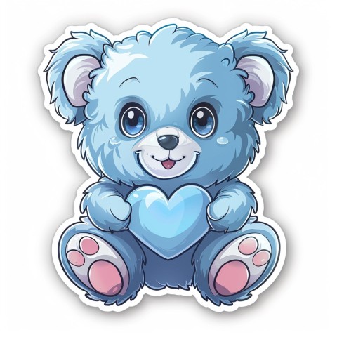 Cute Kawaii Stickers Adorable Teddy Bear Holding Light Blue Heart on White Background (36)