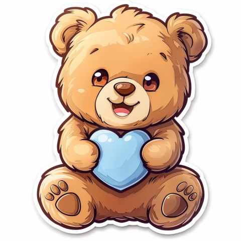 Cute Kawaii Stickers Adorable Teddy Bear Holding Light Blue Heart on White Background (38)