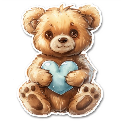 Cute Kawaii Stickers Adorable Teddy Bear Holding Light Blue Heart on White Background (31)