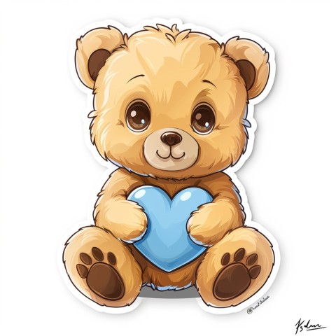 Cute Kawaii Stickers Adorable Teddy Bear Holding Light Blue Heart on White Background (41)