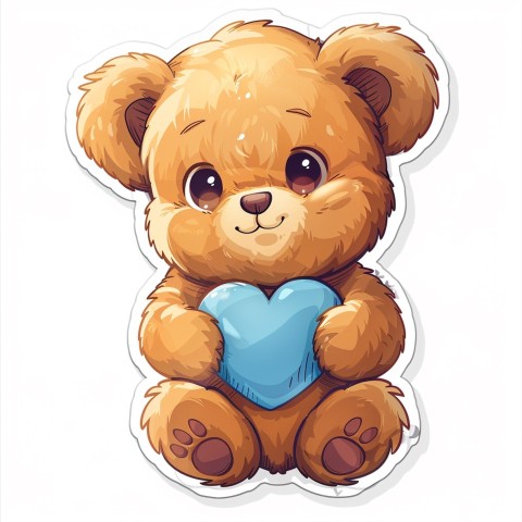 Cute Kawaii Stickers Adorable Teddy Bear Holding Light Blue Heart on White Background (58)