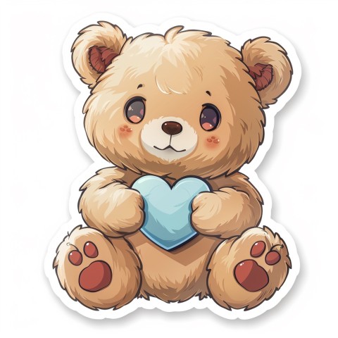 Cute Kawaii Stickers Adorable Teddy Bear Holding Light Blue Heart on White Background (46)