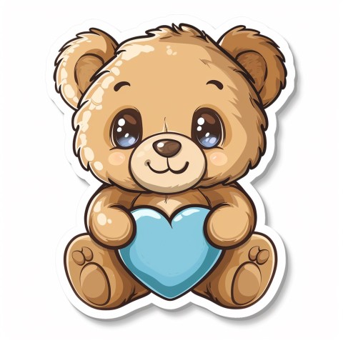 Cute Kawaii Stickers Adorable Teddy Bear Holding Light Blue Heart on White Background (42)