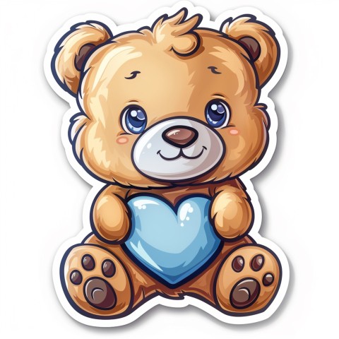 Cute Kawaii Stickers Adorable Teddy Bear Holding Light Blue Heart on White Background (54)