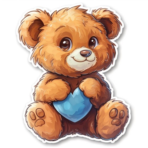 Cute Kawaii Stickers Adorable Teddy Bear Holding Light Blue Heart on White Background (50)