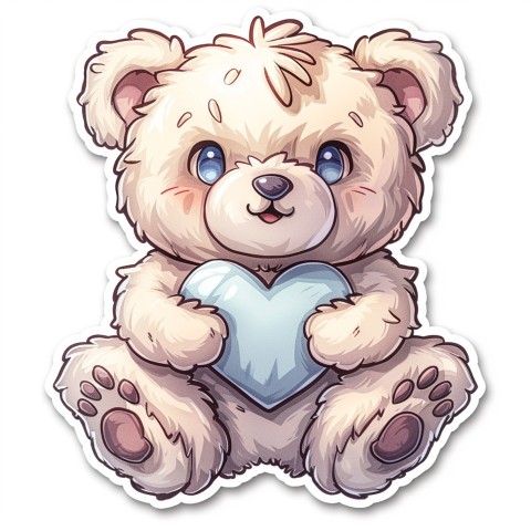 Cute Kawaii Stickers Adorable Teddy Bear Holding Light Blue Heart on White Background (45)