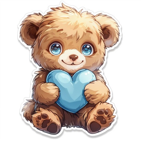 Cute Kawaii Stickers Adorable Teddy Bear Holding Light Blue Heart on White Background (57)