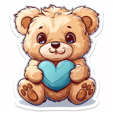 Cute Kawaii Stickers Adorable Teddy Bear Holding Light Blue Heart on White Background (51)