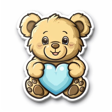 Cute Kawaii Stickers Adorable Teddy Bear Holding Light Blue Heart on White Background (77)