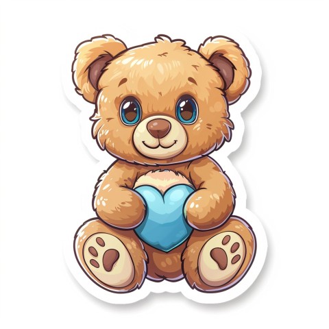 Cute Kawaii Stickers Adorable Teddy Bear Holding Light Blue Heart on White Background (64)