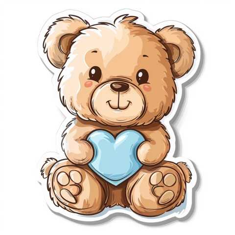 Cute Kawaii Stickers Adorable Teddy Bear Holding Light Blue Heart on White Background (63)