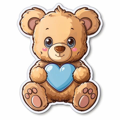 Cute Kawaii Stickers Adorable Teddy Bear Holding Light Blue Heart on White Background (69)