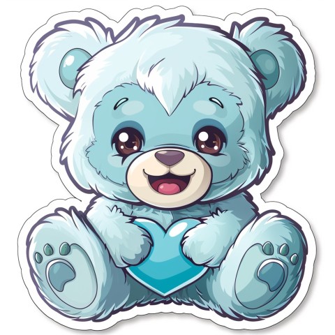 Cute Kawaii Stickers Adorable Teddy Bear Holding Light Blue Heart on White Background (79)