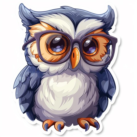 Cute Kawaii Stickers Bookish Owl with Glasses on White Background (13)