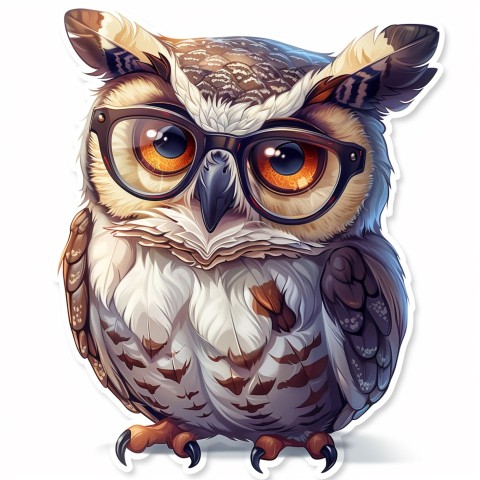 Cute Kawaii Stickers Bookish Owl with Glasses on White Background (62)