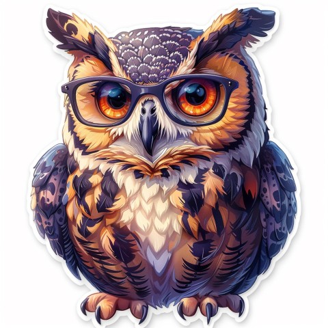 Cute Kawaii Stickers Bookish Owl with Glasses on White Background (84)