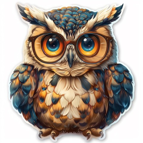 Cute Kawaii Stickers Bookish Owl with Glasses on White Background (110)