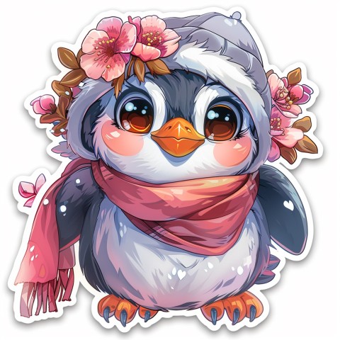 Cute Kawaii Stickers Girly Penguin with Bold Character Design on White Background (82)