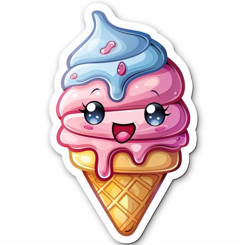 Cute Kawaii Stickers Joyful Melting Ice Cream Cone on White Background (17)