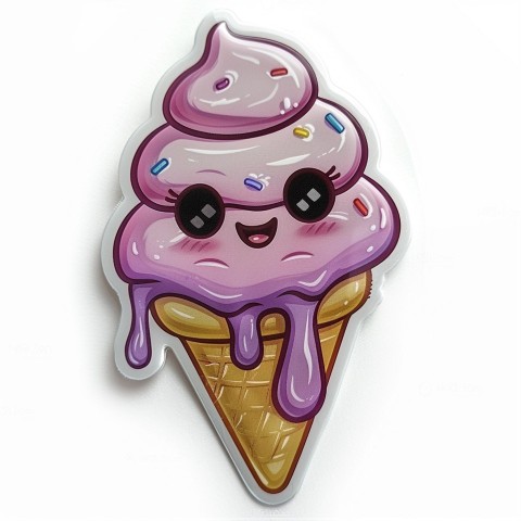 Cute Kawaii Stickers Joyful Melting Ice Cream Cone on White Background (15)