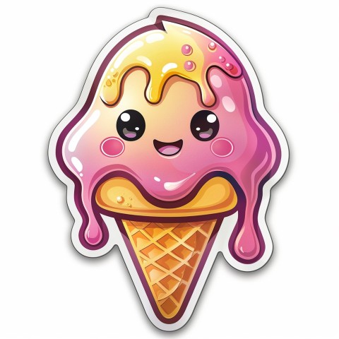 Cute Kawaii Stickers Joyful Melting Ice Cream Cone on White Background (5)